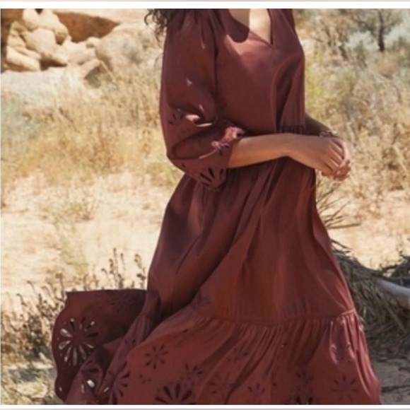 Chico’s Size 3.5 (US 18) Brown Eyelet Midi Dress Boho Pockets Flowy - Picture 2 of 9